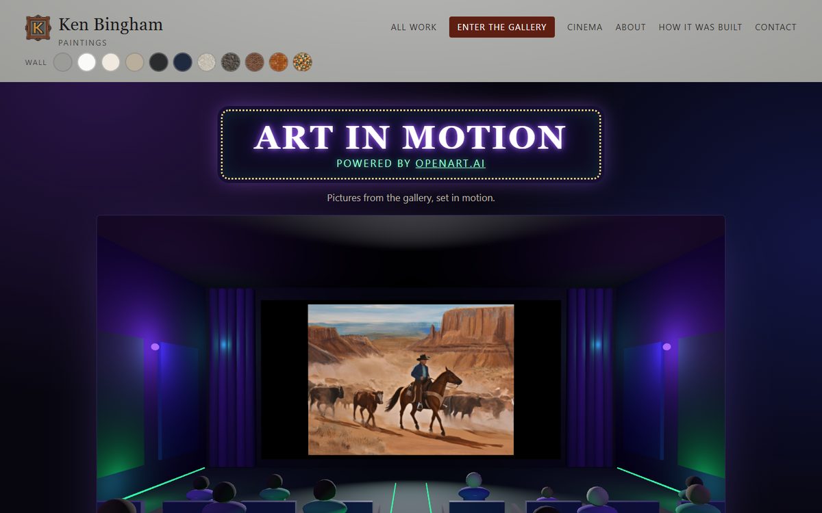 A 3D cinema room with an audience watching a painting set in motion