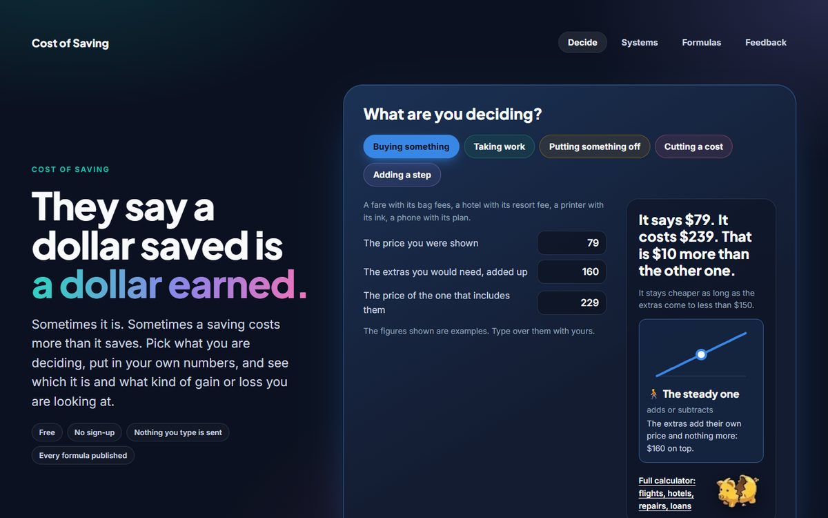 The front page of Cost of Saving: a calculator beside the line, they say a dollar saved is a dollar earned